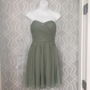 Dusty sage strapless J. Crew bridesmaid dress